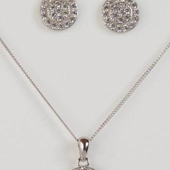 Sterling Silver/CZ Cluster Pendant and Chain with Stud Earrings